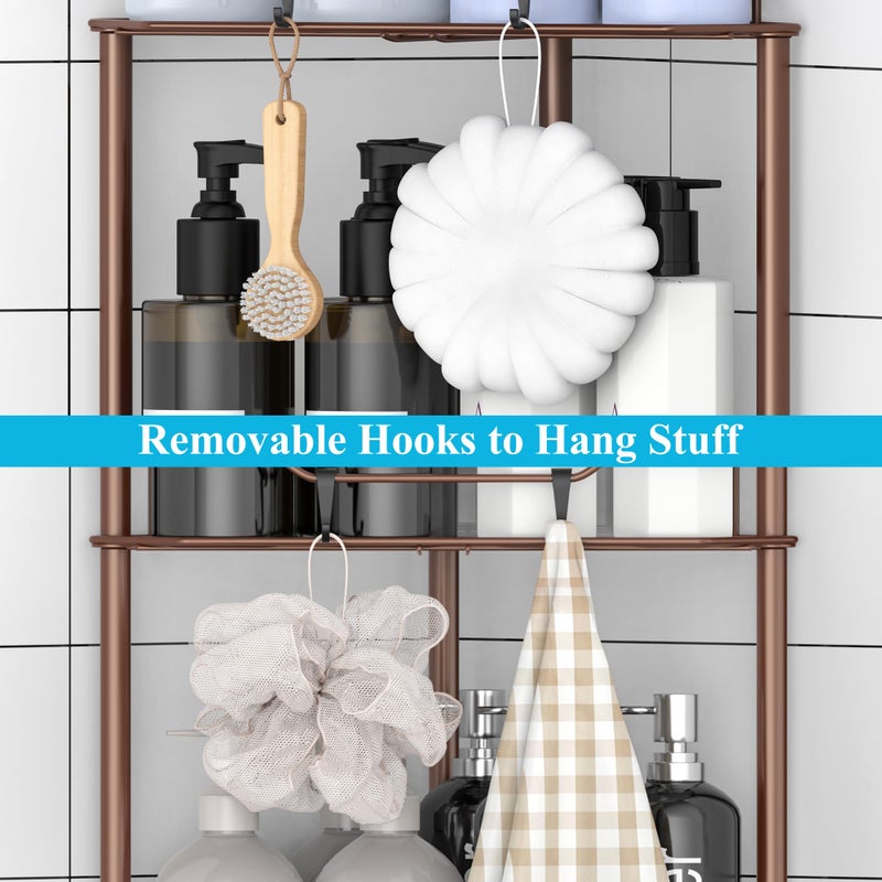 HuggieGems 4 Tier Floor Standing Corner Shower Caddy Organizer Shelf with Hooks, Bathroom Shelves Stand Rack, Coffee - Image 4